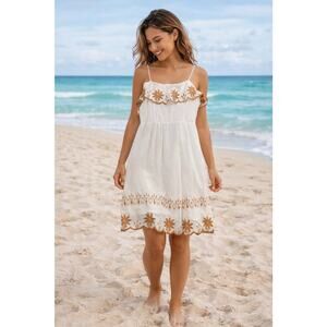 J Gee Boho Petite XL Peasant White Dress Embroidered Fringe Hem Plus Size Beachy